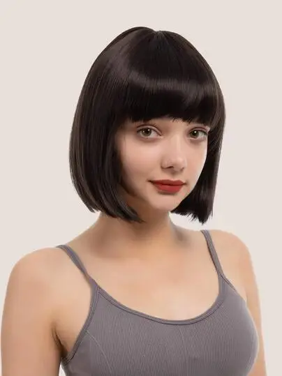 

Short Straight Synthetic Wigs with Bang Brown Black Brown Hairs Wig for Women Daily Cosplay Party Heat Resistant