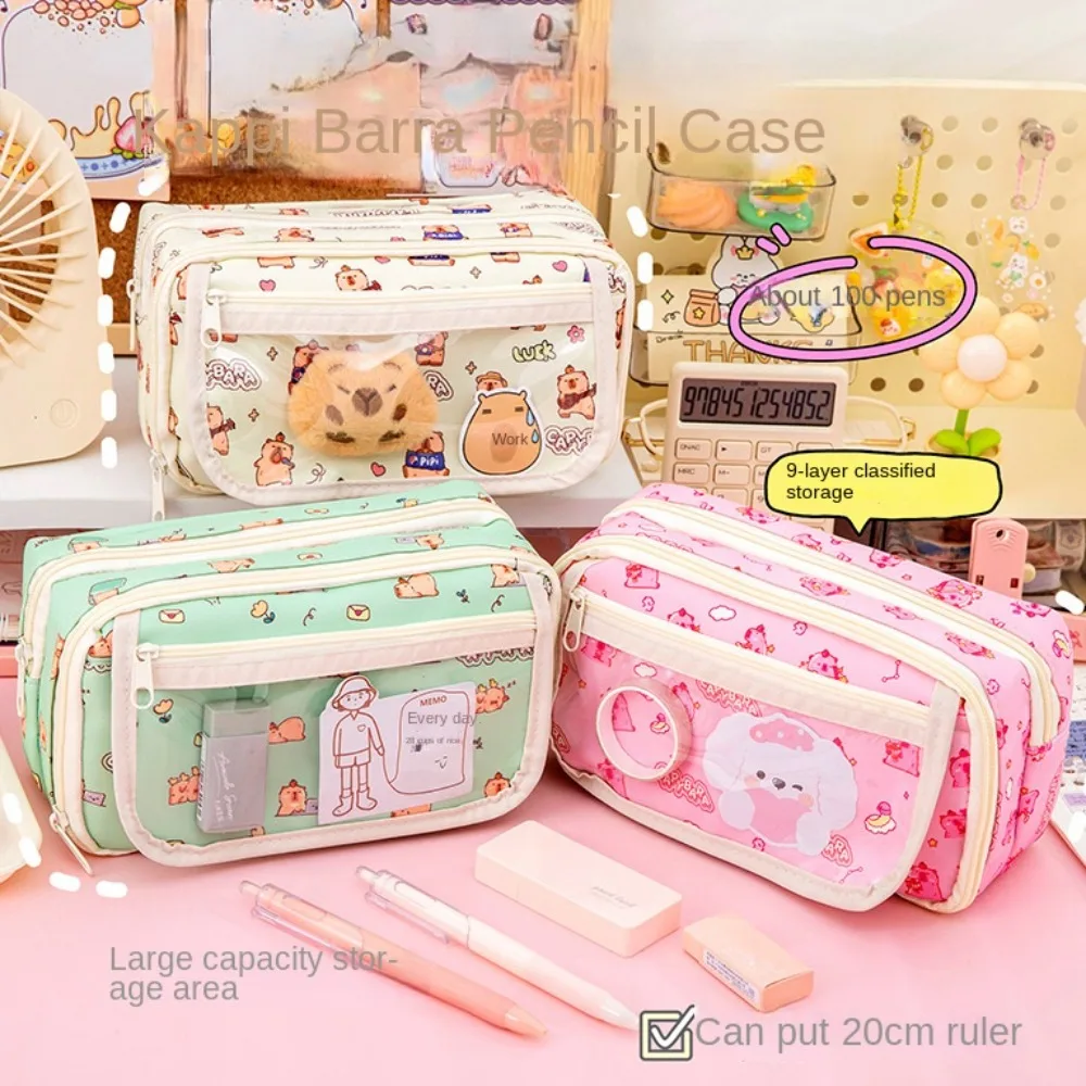 قماش كابيبارا القلم حقيبة سعة كبيرة متعددة الطبقات مقلمة كرتونية حقيبة التخزين شارة عرض حقيبة أدوات مكتبية