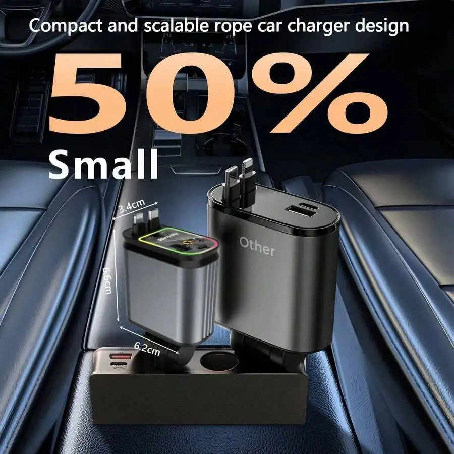 

Compact Scalable Rope Car Charger With 7-Color Ambient Light And Starry Sky Projector Dual USB Fast Charging For iPhone Android