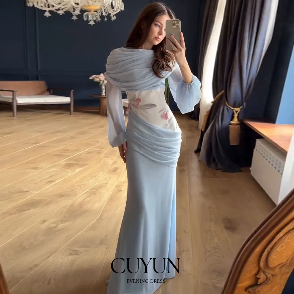 

CUYUN Customized Blue Chic Women Evening Gown 2026 for Formal Event Floral Appliques Slim Fit Long Sleeves Wedding Guest Gown