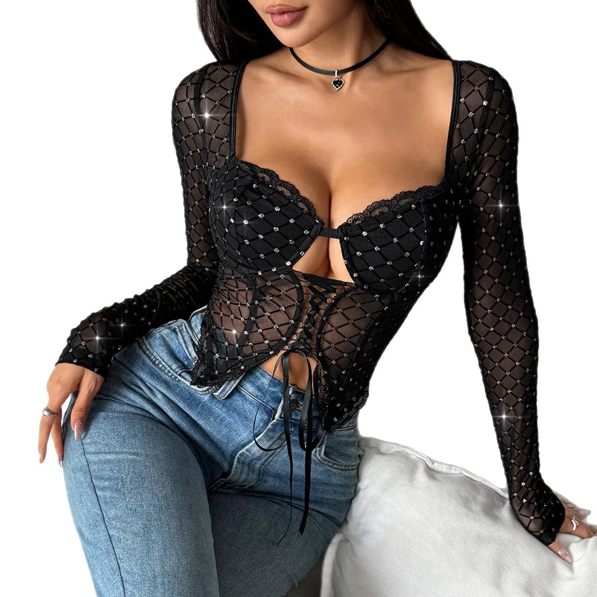 2025 Woman Clothing Top Women T-shirt Tank Top Female Clothes Tops Fashionable Breathable Lace-Up Openwork Long-Sleeve Top