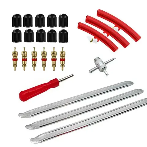 16/28Pcs Tire Repair Tool Set with Steel Tire Irons Pry Bars Levers and Valve Stem Tools for Motorcycle and Car Maintenance
