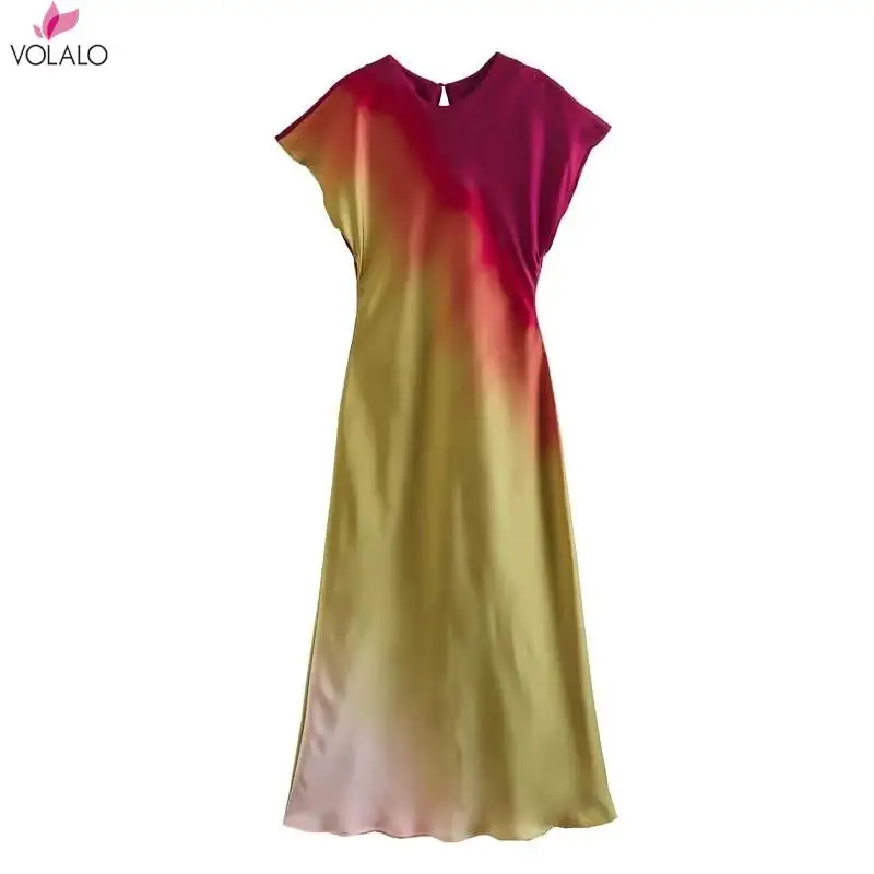 

VOLALO Women's Fashion Print Short Sleeve Dress Vintage Tie Dye O-Neck Midi Dresses Spring Female Casual Chic Satin Dress