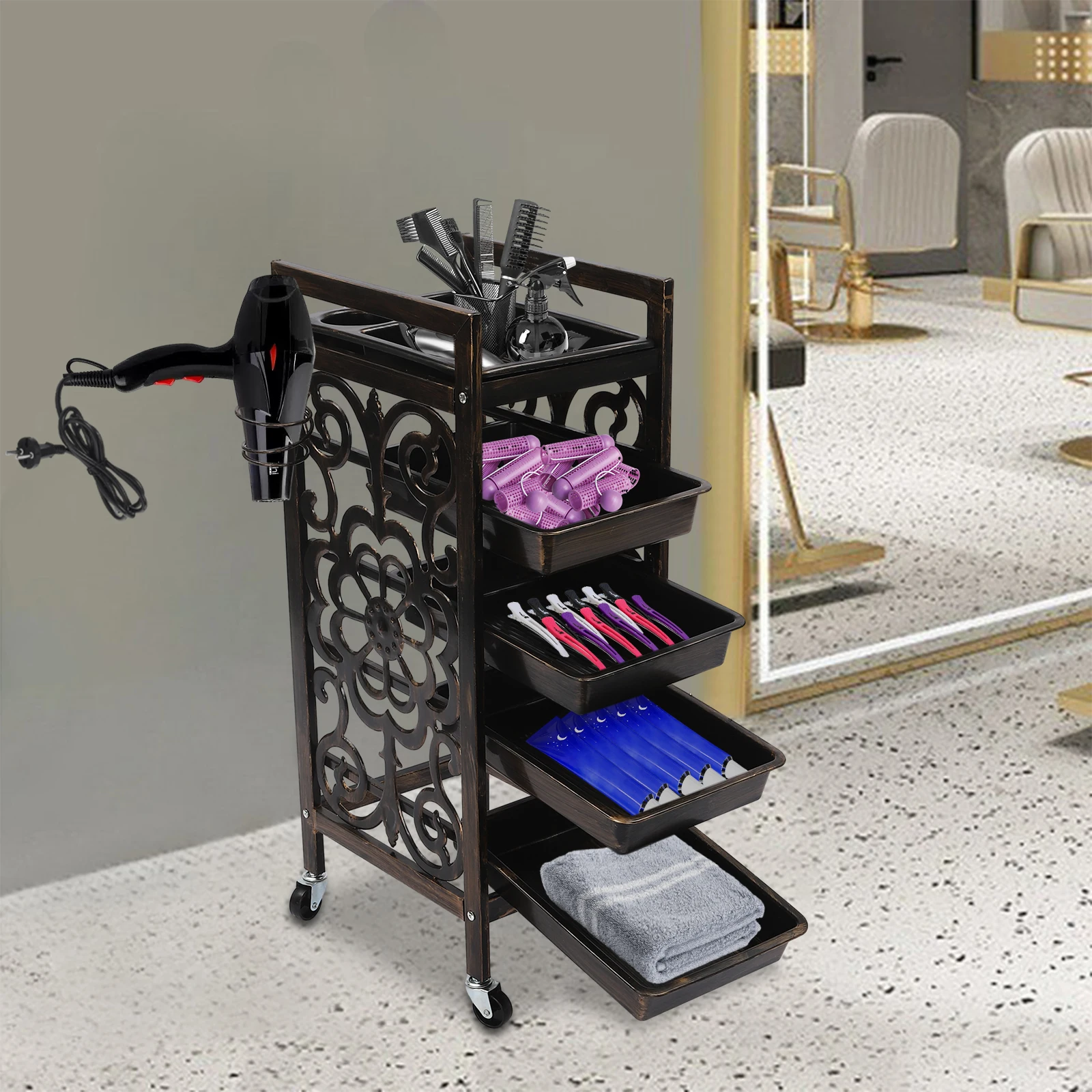 

5 Tier Classic Salon Rolling Storage Trolley Black Brown Barber Organizer Rolling Cart Hair Salon Equipment for Hair Stylist