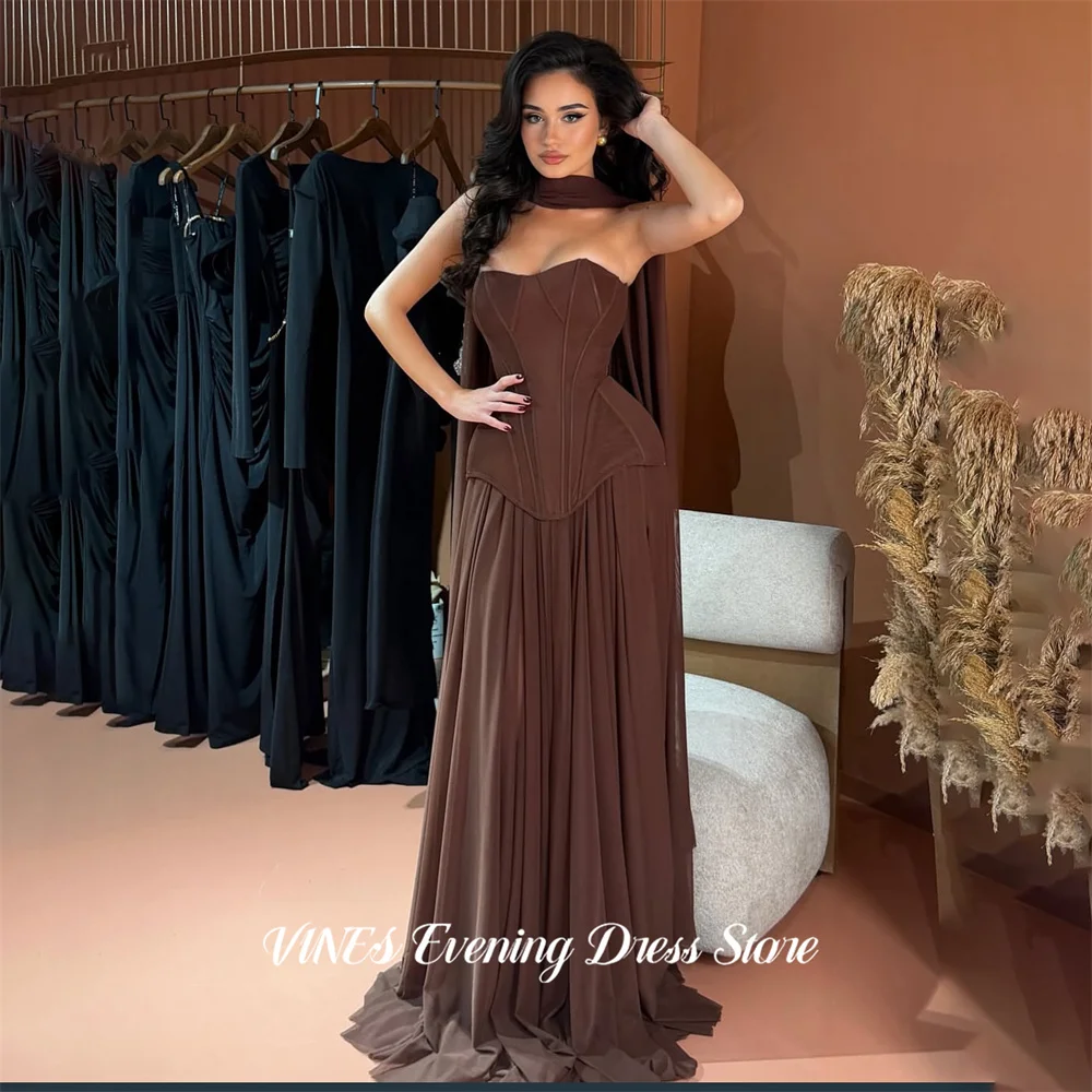 

VINES Chocolate Brown Party Dress Strapless Evening Dress with Scarf فساتين السهرة Chiffon Gala Dress Customized