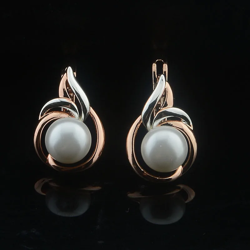 Fashion Jewlery Women Ladies 585 Rose Gold Color Drop Earrings Simulated Pearl Flowers Jewelry