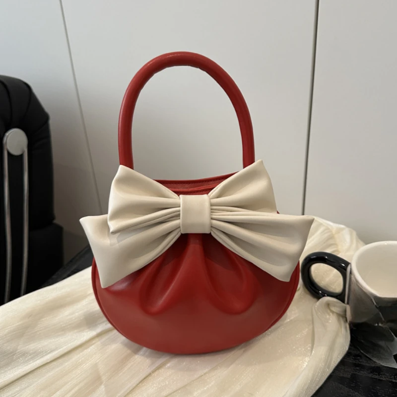 

Fashion Bow Trend Style Women's Handbags Simple Pleated Design Ladies Clutch Purse PU Leather Lightweight Female Phone Bag