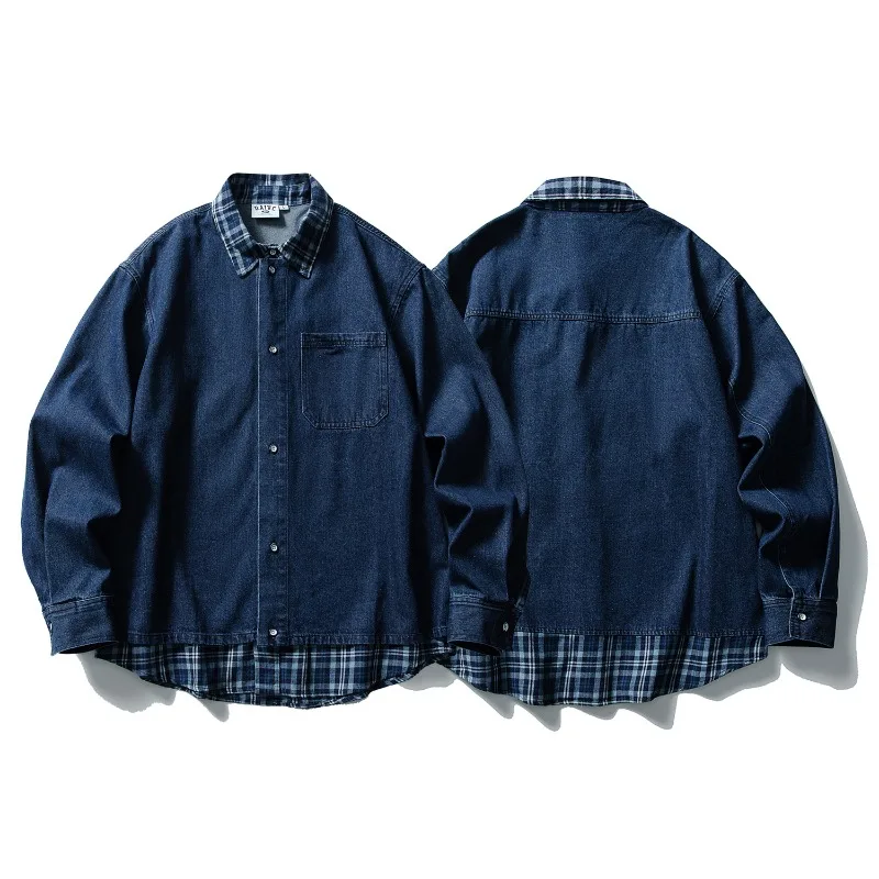 Korean Retro Plaid Patchwork Denim Fake Two-piece Shirt for Men Autumn New Japan Streetwear Y2k Harajuku Loose Shirt Jacket Coat