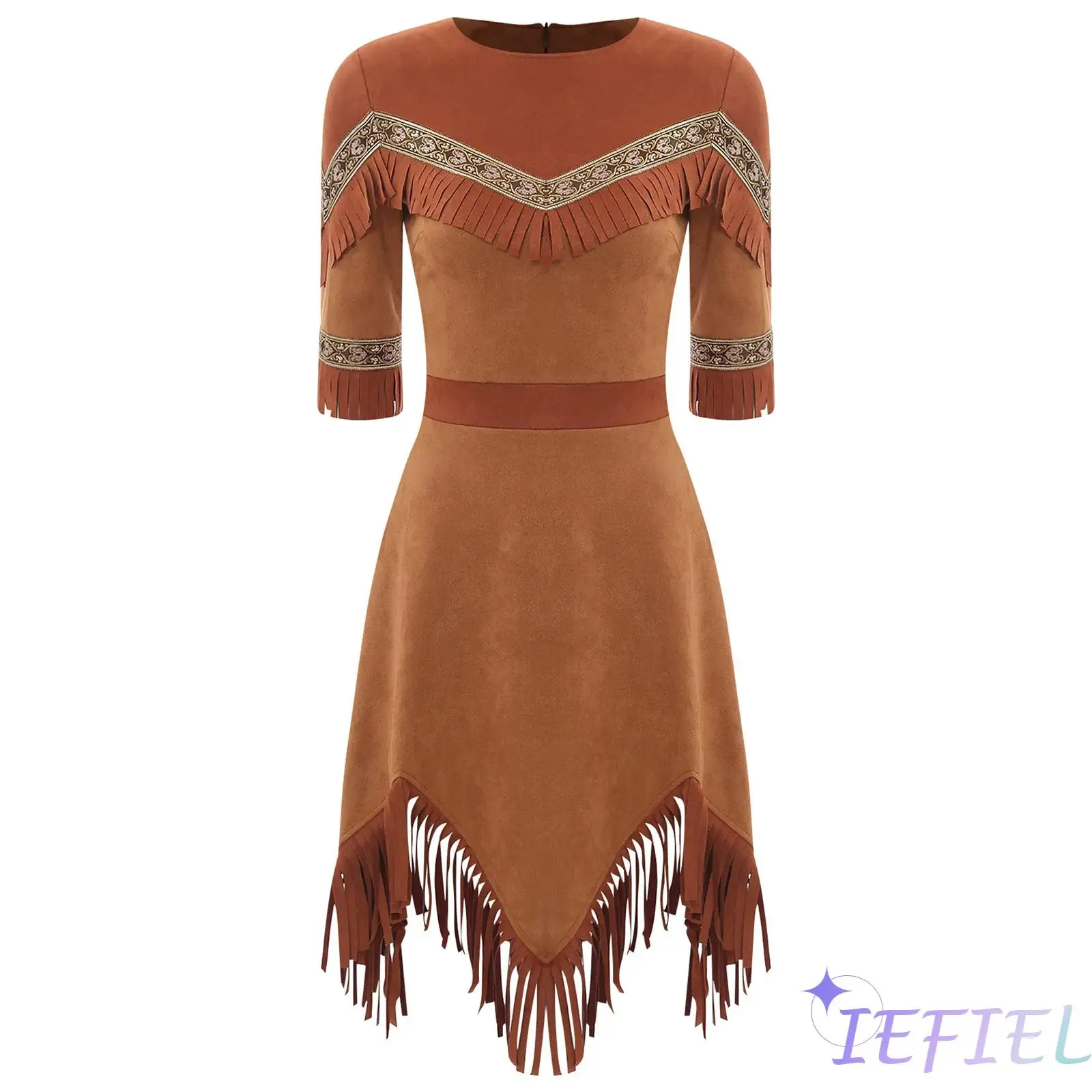 

Women Ancient Greek Warrior Cosplay Performance Costume Half Sleeve Round Neck Tassels Woven Tape Trimming Irregular Hem Dress