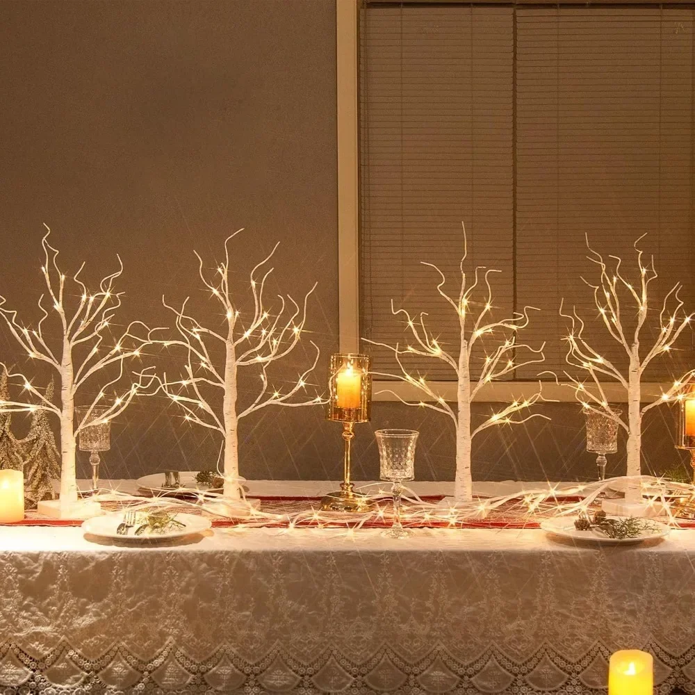 

Christmas Tree White Birch Tree with LED Lights - Set of 2, LED Tabletop with Timer Decorations Lighted Tree Christmas Trees