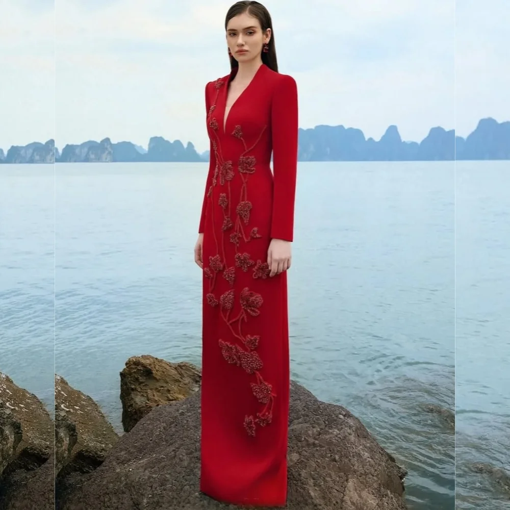 Customized Chinese Style Jersey Sequined A-line V-neck Long Dresses Bespoke Occasion Intricate Matching