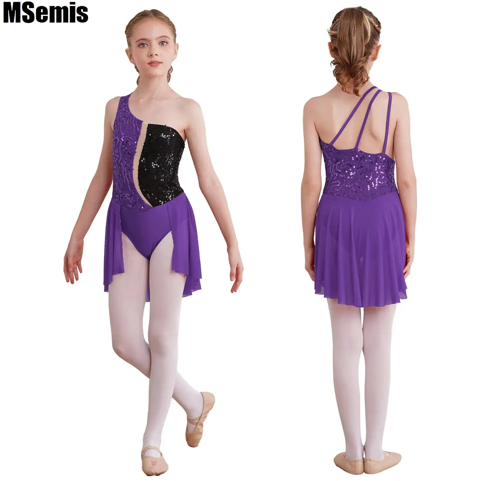 

Kids Girls Glittery Sequins Dance Dress One Shoulder Strappy Back Leotard Dresses for Figure Skating Stage Performance