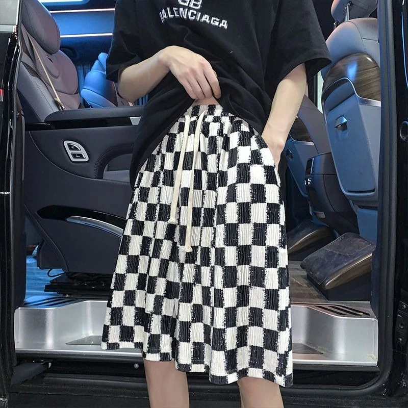 

Breathable Ice Silk Men's Checkered Shorts for Summer Lightweight Loose Straight Leg Casual Big Size Up to 150kg Mid-Length