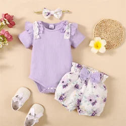 0-18Months Baby Girl Clothes Set Purple Short Sleeve Romper + Flowers Shorts with Headband Toddler Girl Summer 3PCS Outfit