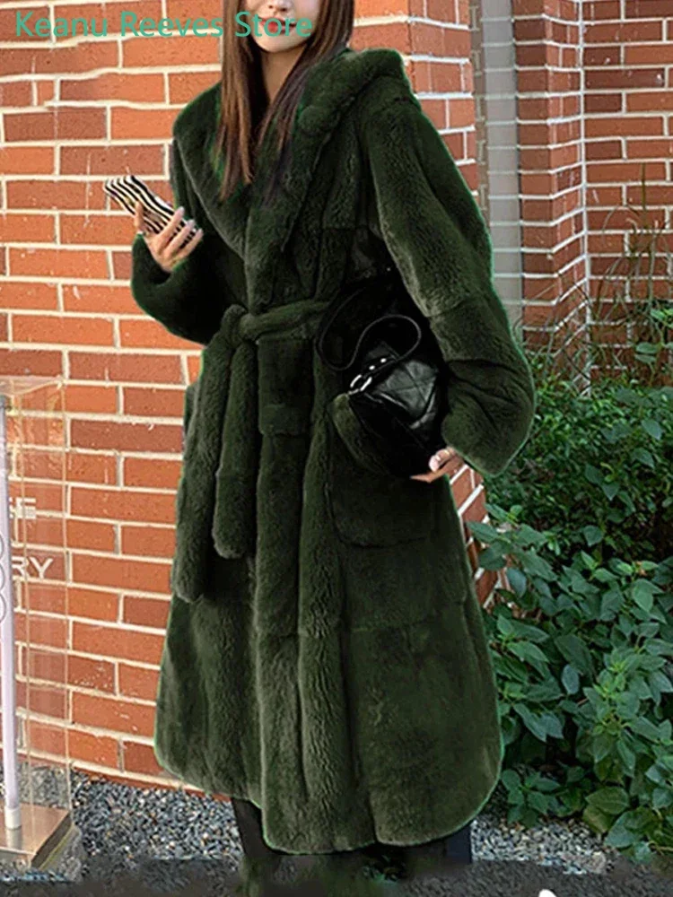 Fur Coat Faux Fur Coat Women Loose Warm Outwear Thick Winter Women Long Fur Coat With Belt Hooded Casual Mink Jacket Female