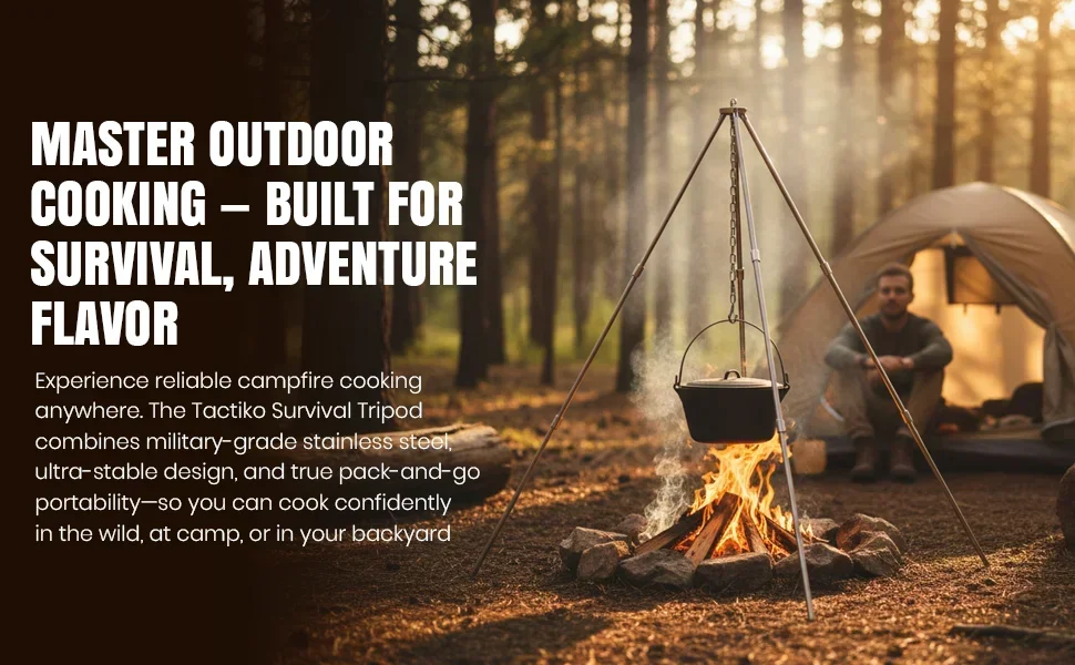 A camping tripod holding a pot over a campfire near a tent in the woods.