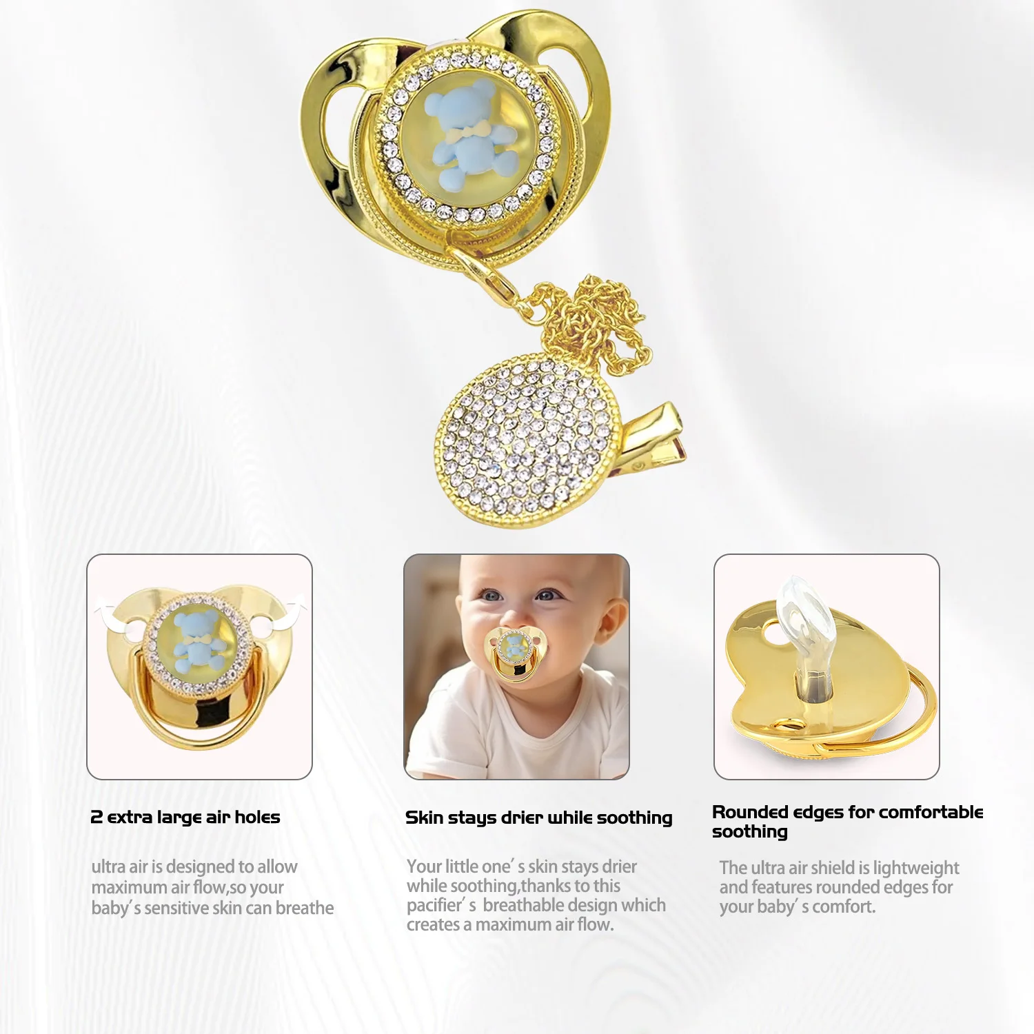 Roze meisje beer edelsteen speenketting beschikbaar voor 0-3 jaar 3D Critter Series BPA-vrij perfect cadeau voor pasgeborenen met