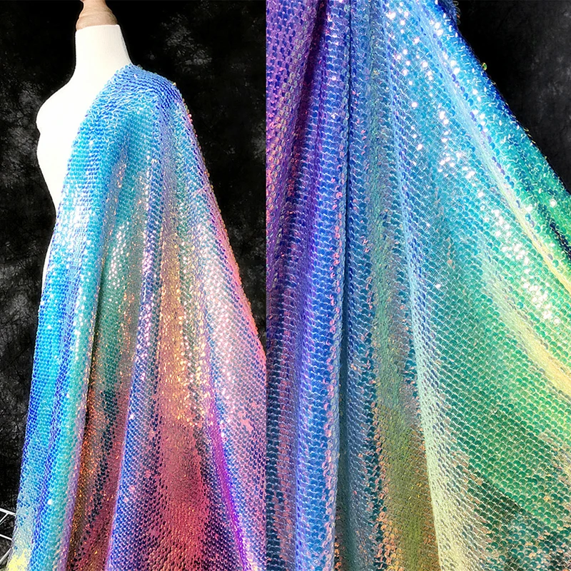 Gradient Color Rainbow Shiny Material Sequin Fish Scale Fabric for Dress Suit DIY Sewing Craft Clothing Supplies 130cm Width