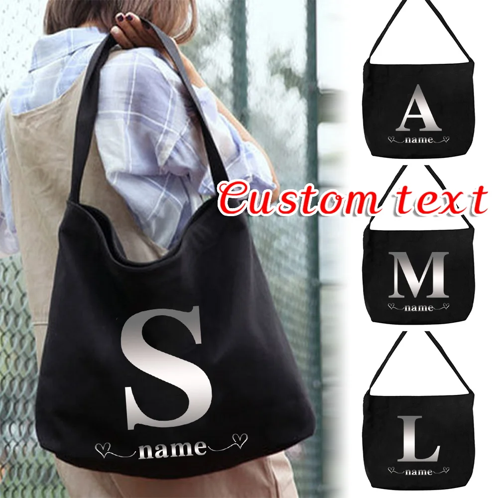Personalized Customization Name New Shoulder Bag Canvas Handbag Black Women's Commuting Bag Silver Letter Pattern