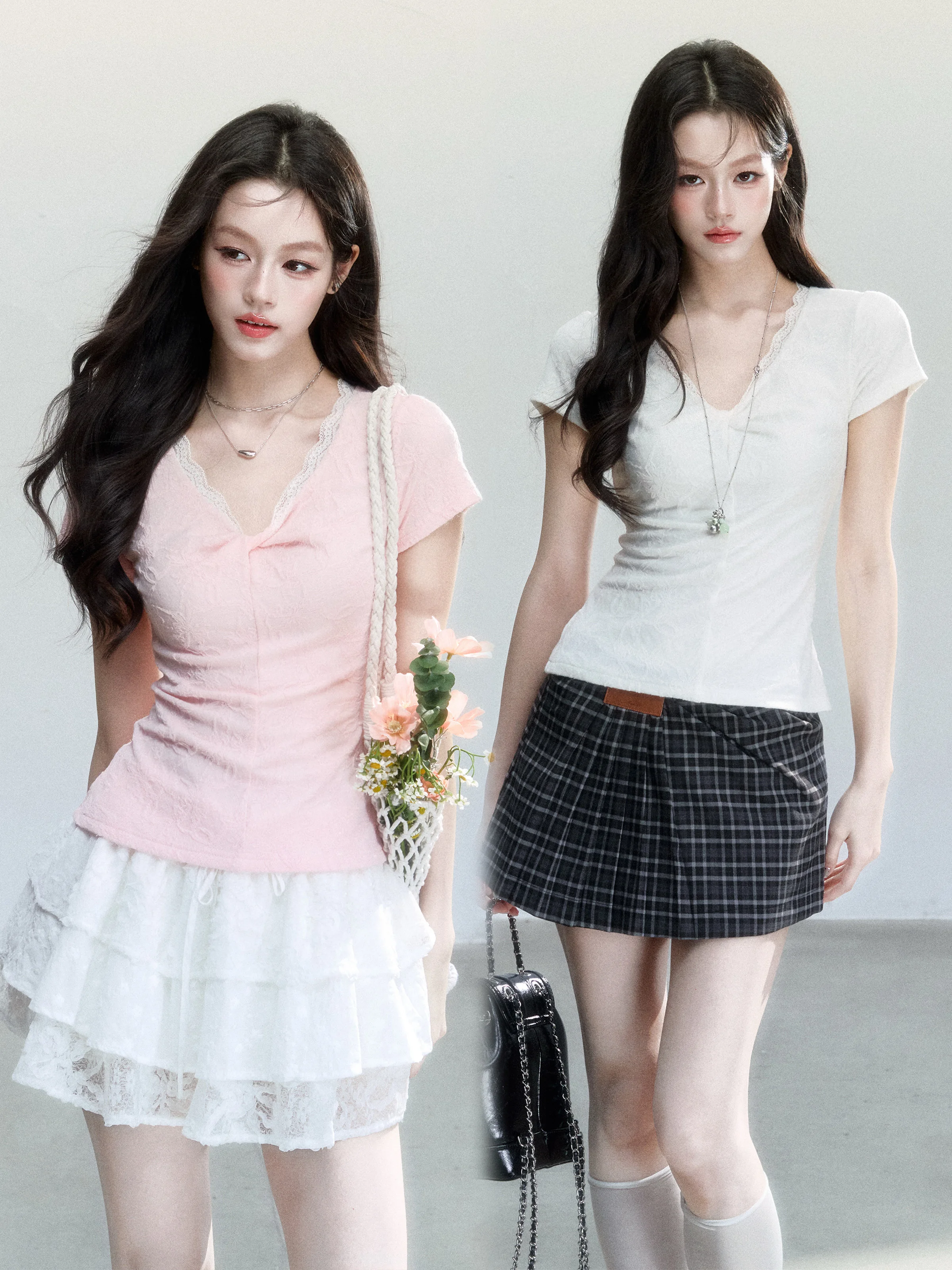 

Fragile Heart Korean Style V-Neck Short Sleeve T-Shirt Textured Casual Commute Top Breathable Lightweight Polyester Nylon