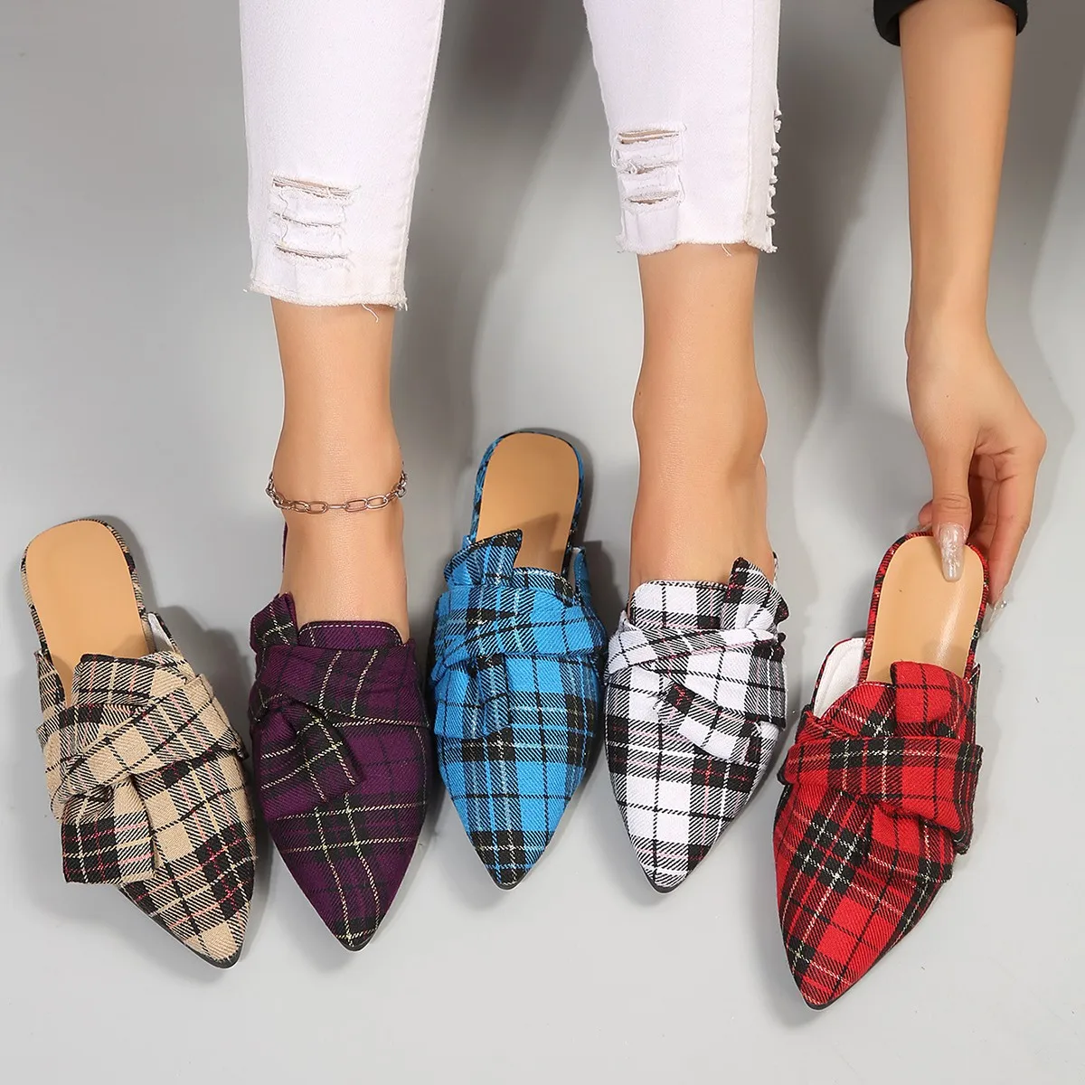 

Women's Plaid Pattern Flat Mules, Elegant Point Toe Slip On Shoes, Lightweight Bowknot Decor Shoes