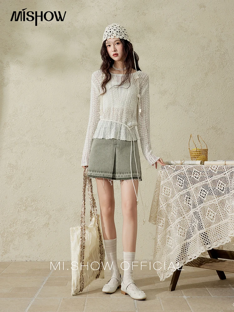 MISHOW Women 's Apricot White Hollow Knitted Sweater Spring 2025 Mohair Cover Drop Sleeve Top Strapless Slim Tube Top MXE12Z1120