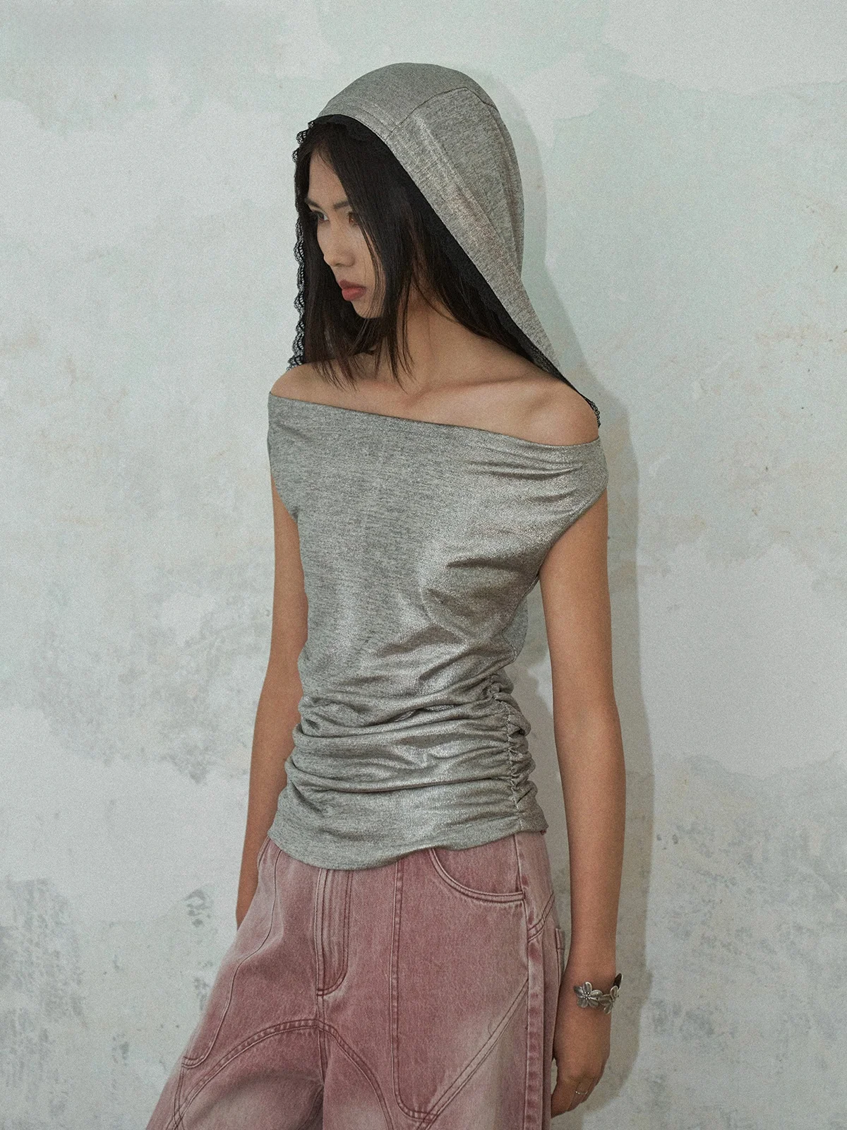 

Summer Y2K Lace Patchwork Hoodie T-Shirt Knot Asymmetrical Loose Fit Cotton Polyester Blend Thin Regular Length