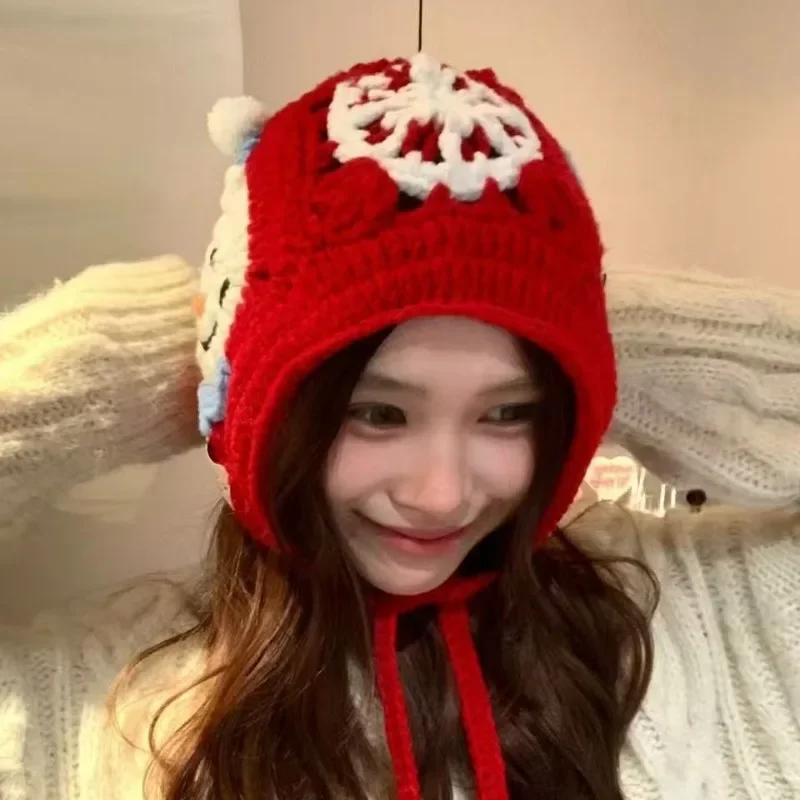 Women's Autumn Winter Cute Red Snowman Knit Beanie Hollow Out Slimming Face Large Size Ear Flap Cap