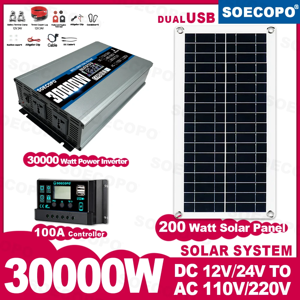 SOECOPO 30000W Solar System Kit 200W Panel Inverter (2 sockets) Dual voltage input 12V/24V To 110V/220V 100A Controller Camping