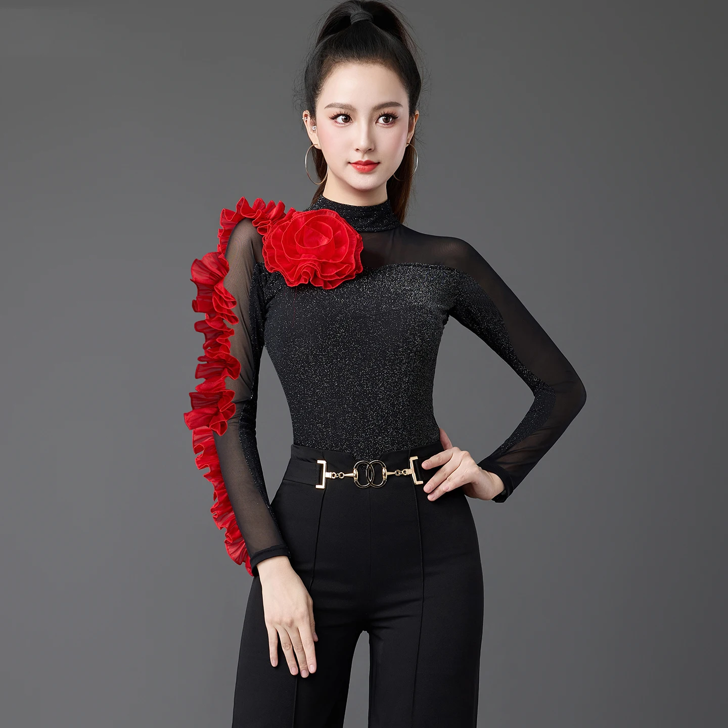 

New Women's Waltz Dance National Standard Dance Lace Mesh Jumpsuit Dance Top Chacha Rumba Tango Modern Dance Costumes DQL12401