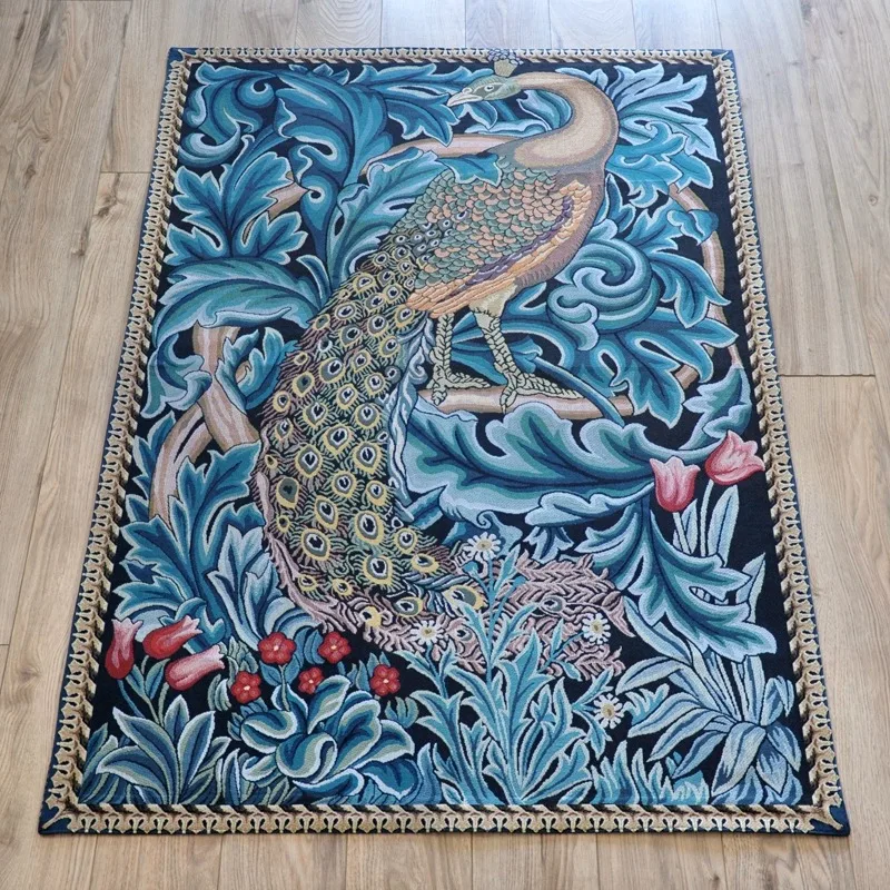 European Jacquard Tapestry British Vintage Wall Carpet Living Room Bedroom Hanging Painting Morris Blue Forest Series W92*H139CM