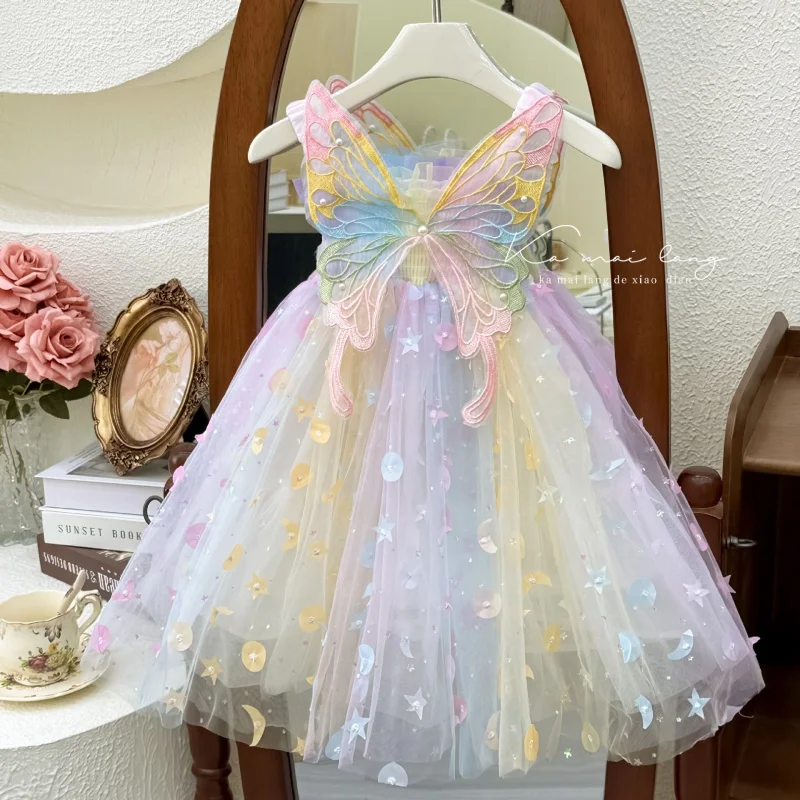 ZLXZ-Girls' Dress2024Summer New Butterfly Sequined Western Style Baby Girl Birthday Dress Children's Princess Dress