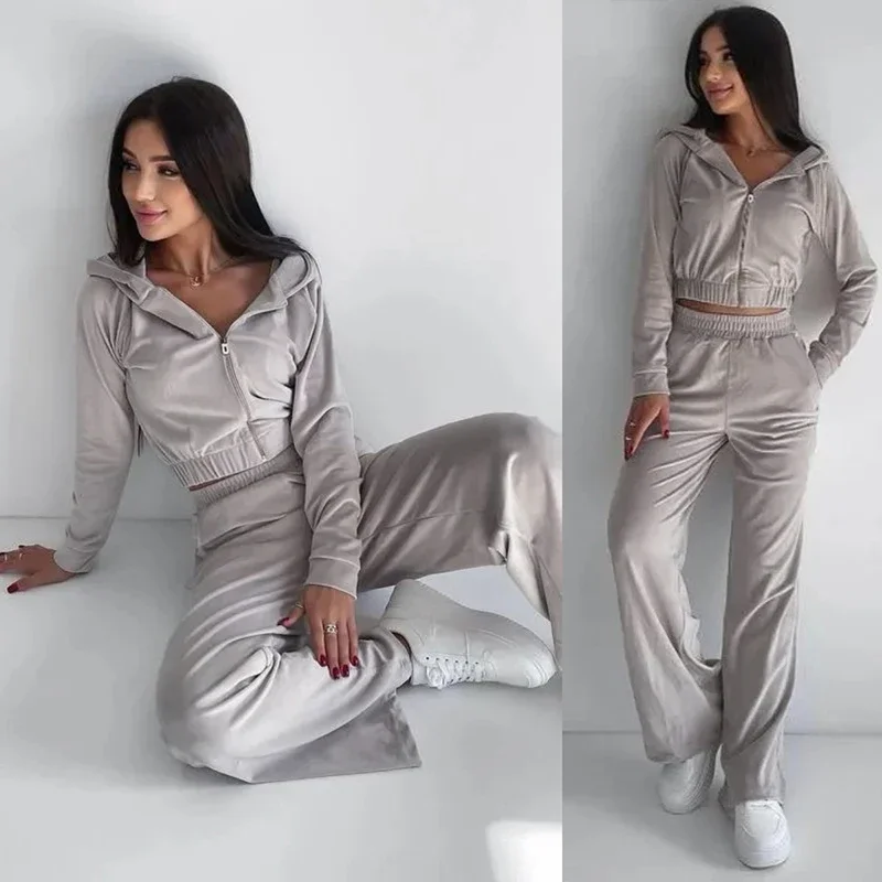 Autumn New Female's Casual Sport Pants Suit Solid Color Long Sleeve Cardigan Hoodie Elastic Trousers Women Fall Two-piece Set