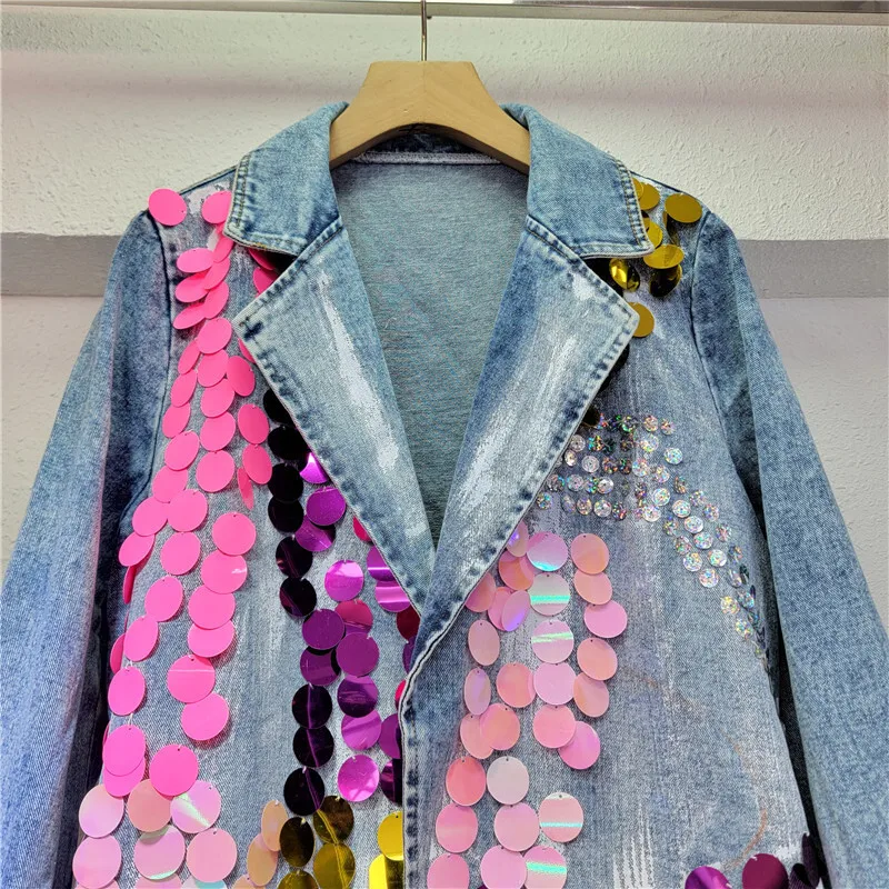 ANJYฤดูใบไม้ร่วงใหม่ผู้หญิงInsอินเทรนด์Streetwear Y2kแฟชั่นElegantสีสันSequins Turn-DownคอยาวแขนยาวDenimแจ็คเก็ตA7751