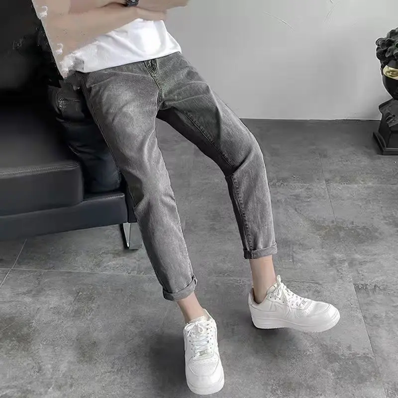 Black and Gray Versatile Small Straight Jeans Men Loose Spring, Spring and Autumn Handsome Casual Small-foot Nine-minute Pants