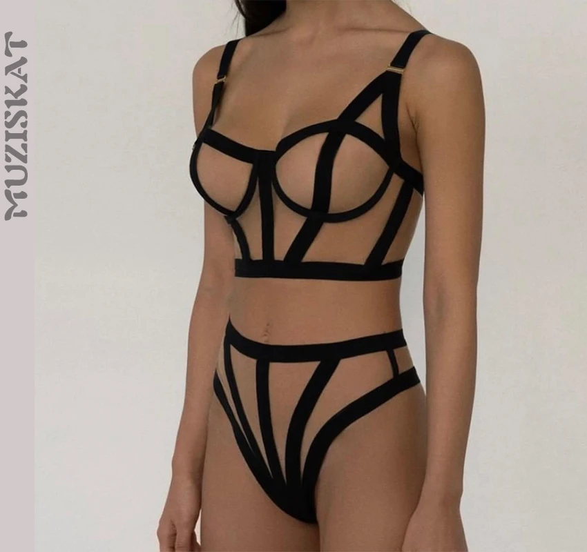 MUZISKAT 2024 Fashion New Hot See-Through Bandage Mesh Splicing Sexy Body Shaping Underwear Two-Piece Set Onlyfans