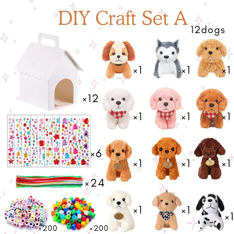 12-36 Sets DIY Adopt A Puppy Party-Geschenke: Gestalte dein eigenes Stofftier – Adopt Me Spielzeug-Set mit Hundehütten-Perlen und Halsketten