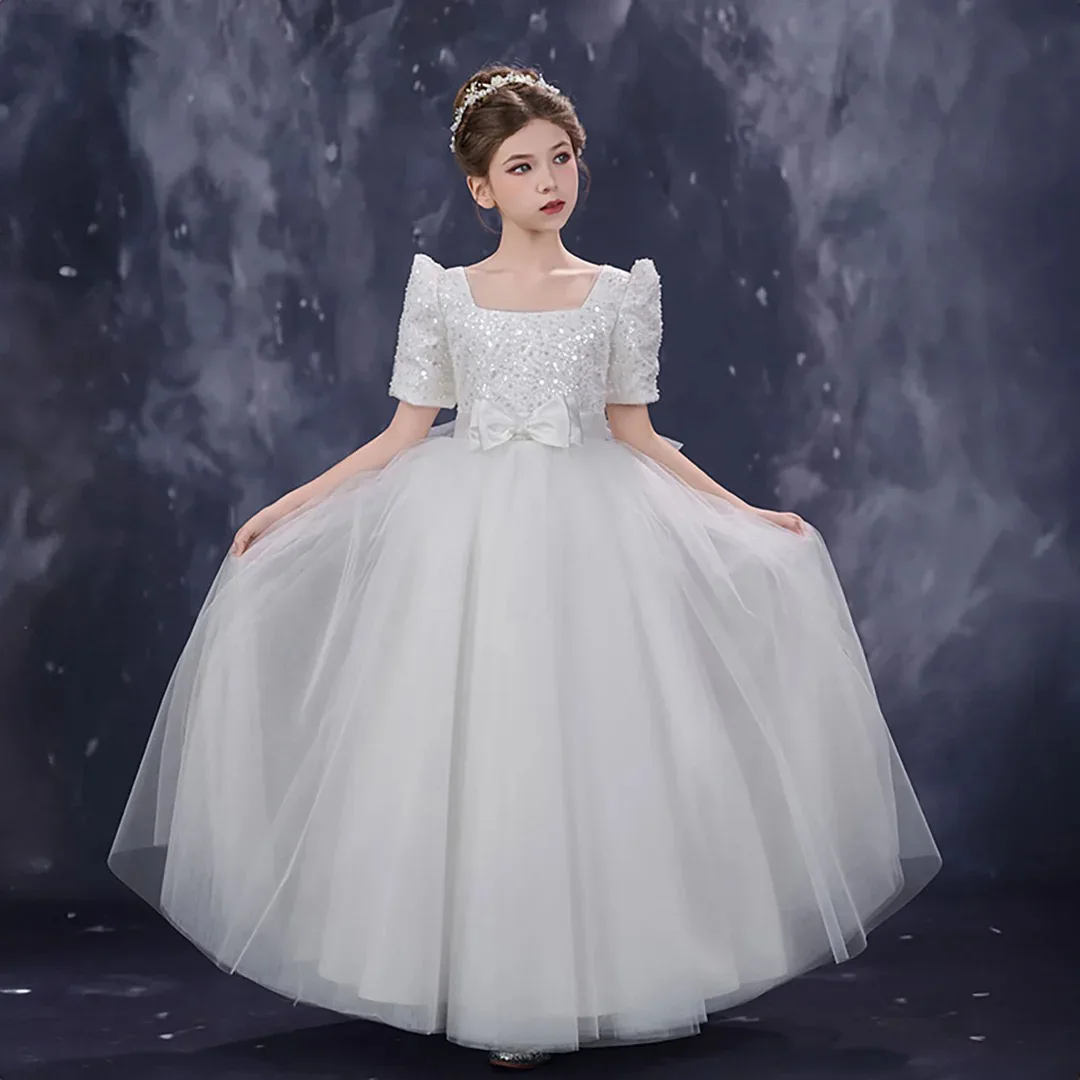 

POD Luxury White Flower Girl Dress Glitter Tulle Princess Ball Gown for Wedding Birthday Pageant Formal Kids Dress Customized