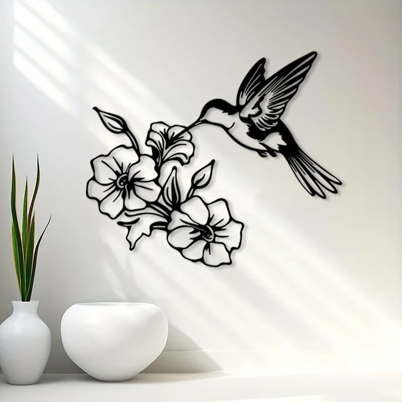 Metal Wall Art Hummingbird Floral Iron Weather Resistant Rustic Hanging Detailed Sculpture for Garden Home Bird Nature Gift