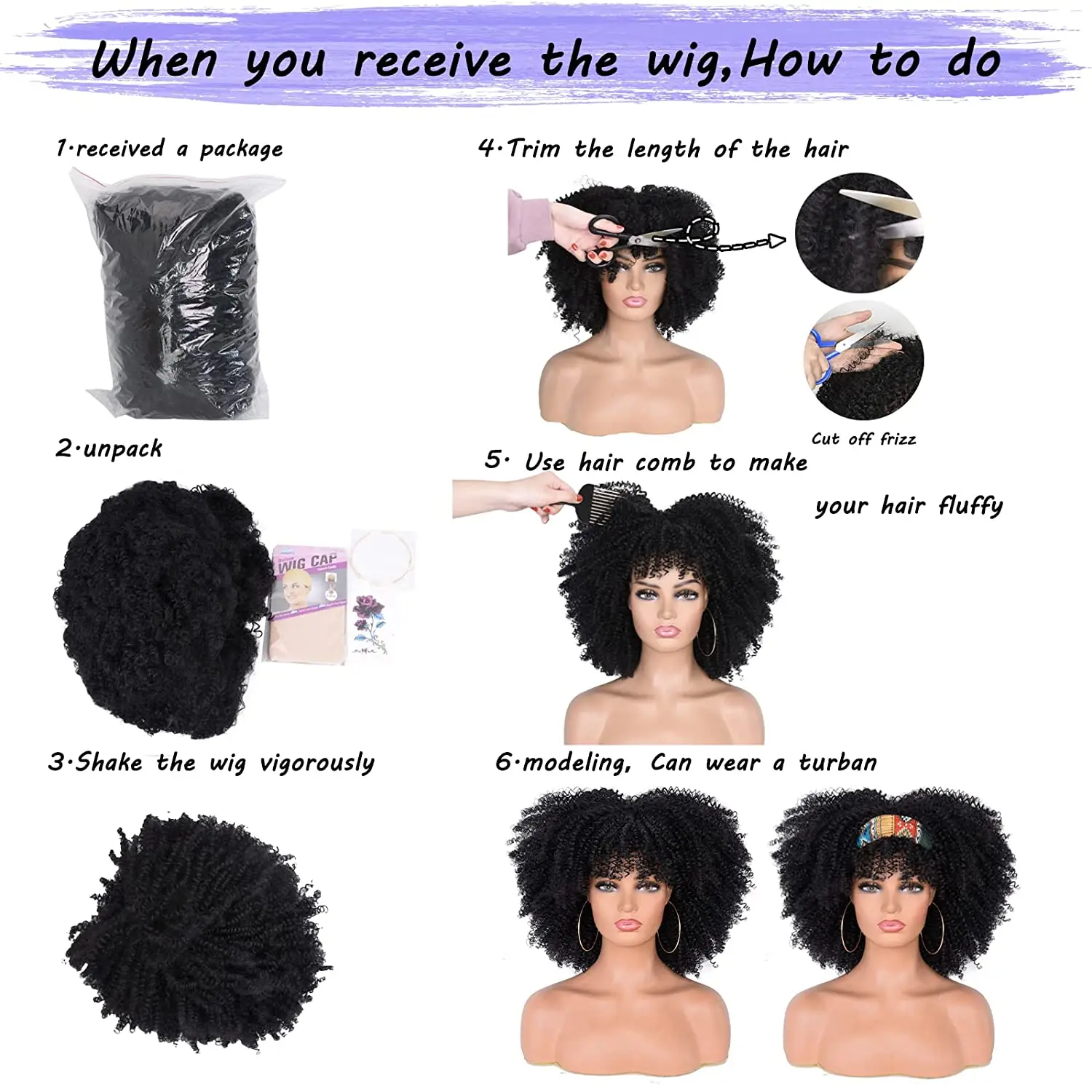 ANNIVIA Curly Wigs for Black Women Black Afro Bomb Curly Wig with Bangs Synthetic Fiber Long Kinky Curly Hair