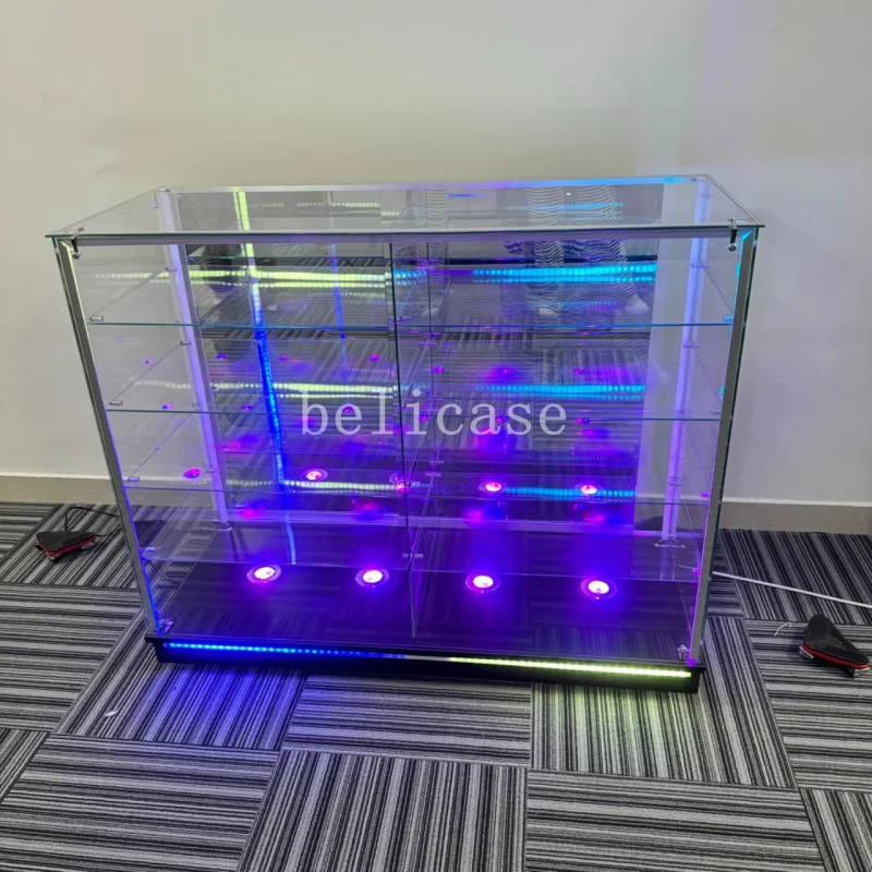 

Custom. retail shop display showcase with colorful LED light lockable display adjustable shelves glass cabinet for Smoke Sh