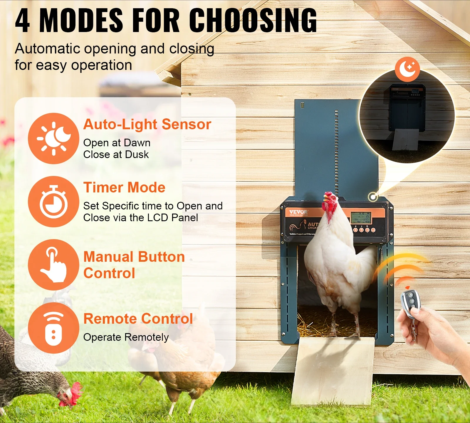 

tt Automatic Chicken Coop Door with Light Sensing Remote Control Auto Chicken Door Opener Chickens Supplies Battery Powered