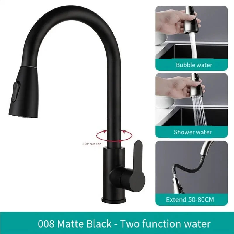 Stainless Steel Single-Hole Pull-Out Spout Kitchen Sink Mixing Faucet 360-Degree Swivel Spray Head Adjustable Flow Easy Cleaning