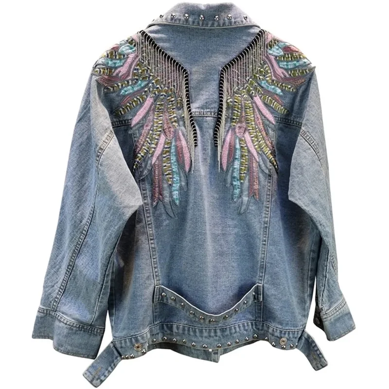 2024 New AutumnFashion Rivet Woman Denim Jacket Long Sleeve Female Jackets Jeans Coat Beading Tassel Denim Coat Outerwear