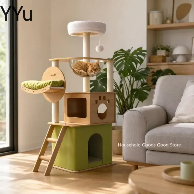 for Large Wooden Cat Tree Integrated House Scratching Post Space Capsule Tower Pet Furniture Condo Bed Playhouse Kitten