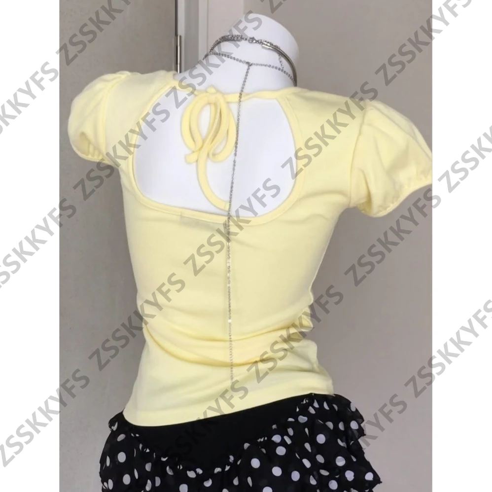 Himekaji Japanisches Mädchen-T-Shirt mit Schleife für Damen, Sommerliches Süßes Kurzarm-Oberteil, Y2k-Kleidung, 2000er Casual Tees, Kawaii – Detail 3
