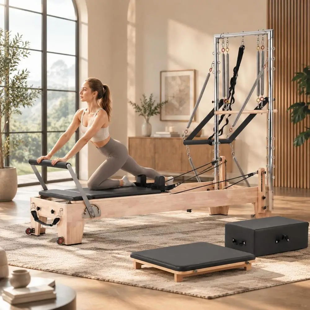 Appareil de Pilates Reformer en bois de caoutchouc pour salle de sport, appareil d'entraînement de force avec double résistance, boîte Reformer, plateforme à ressorts, pour utilisateurs avancés et débutants, jusqu'à 181,44 kg