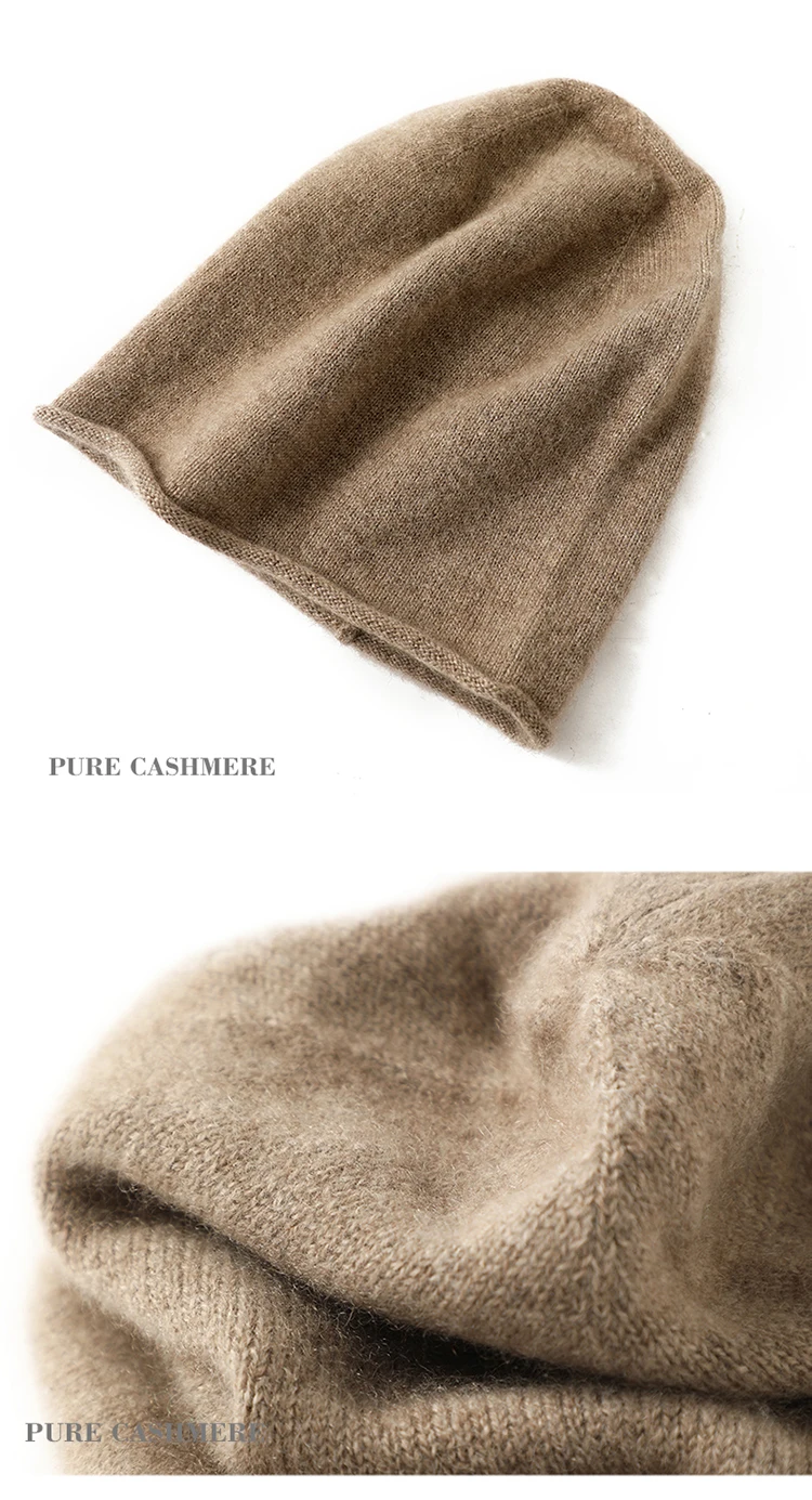 Damen-Mützen aus 100 % reinem Kaschmir, solide Kappen, gerollter Saum, lässig, Basic, weich, Herbst und Winter, echter Kaschmir, warme Schlafhaar-Mütze – Detail 9