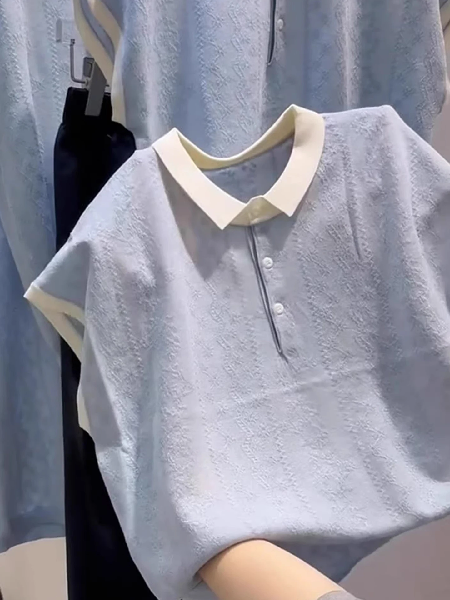 

Summer Knitted T-Shirt Short Sleeve Overhead Color Block Design Lazy Style Slimming Top Korean Commute Style Straight Cut