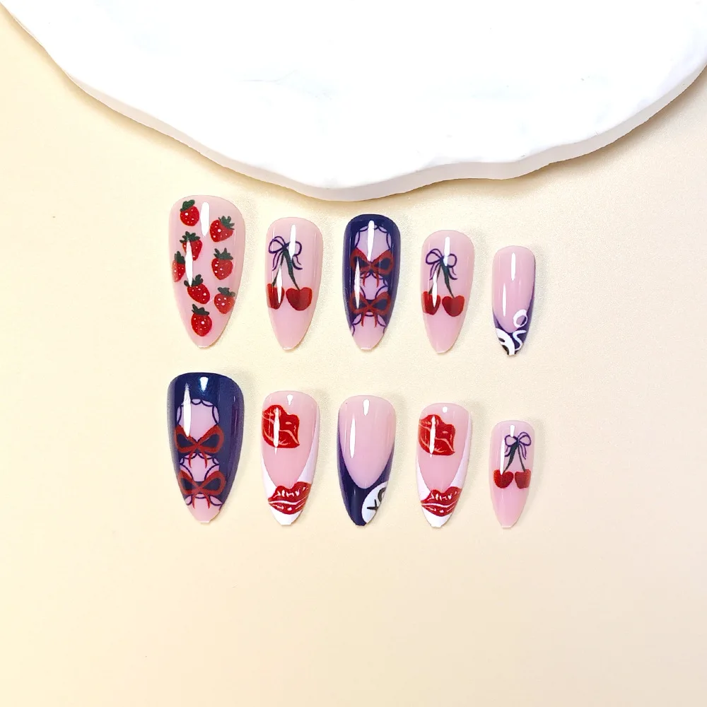 24 faux ongles bleus et blancs, style français, haut de gamme, motif fruit et lèvres, à presser, élégants, portables et amovibles